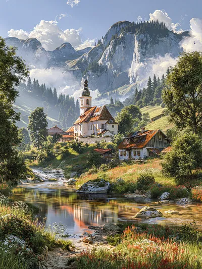 Wall art: Alpine village beside a mountain river