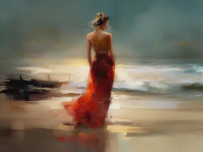 Wall art: The woman on the beach in the red dress