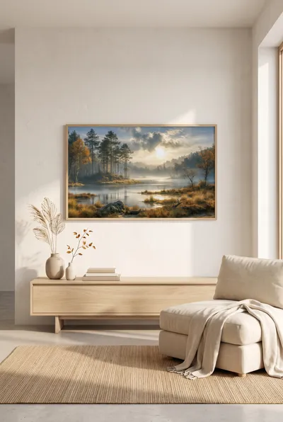 Interior view: Golden morning stillness by the forest lake