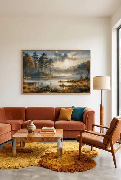Interior view: Golden morning stillness by the forest lake