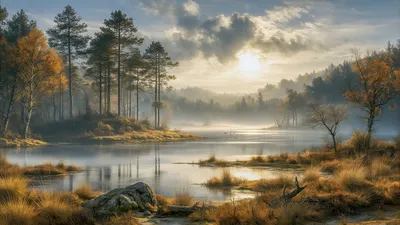 Wall art: Golden morning stillness by the forest lake