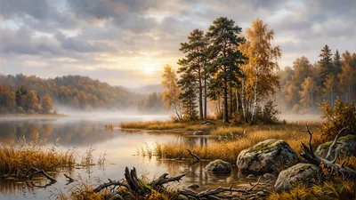 Wall art: Autumn forest lake in soft morning light