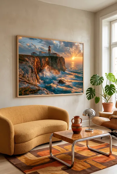 Interior view: Lighthouse on steep cliffs at sunset