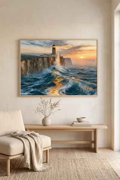Interior view: Lighthouse by a stormy sea