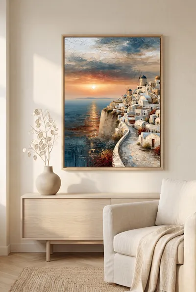 Interior view: Mediterranean cliff village with windmills