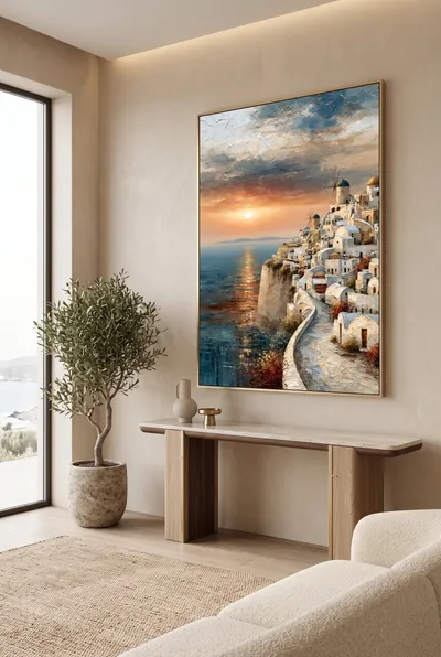 Interior view: Mediterranean cliff village with windmills