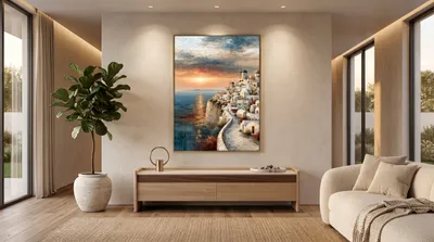 Interior view: Mediterranean cliff village with windmills