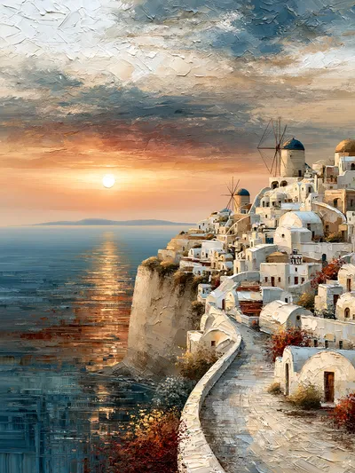 Wall art: Mediterranean cliff village with windmills
