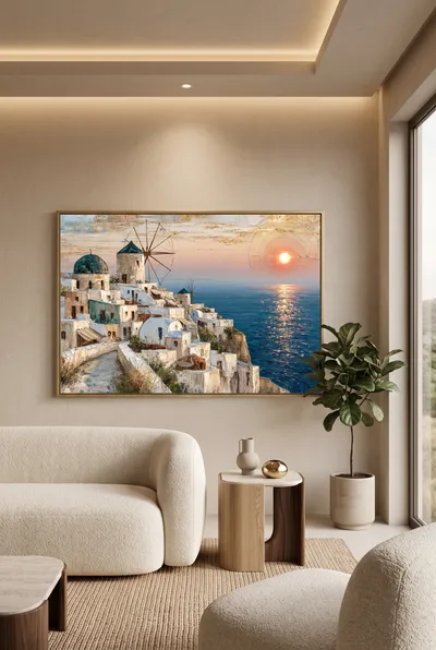 Interior view: Mediterranean coastal village at sunset