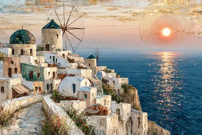Wall art: Mediterranean coastal village at sunset