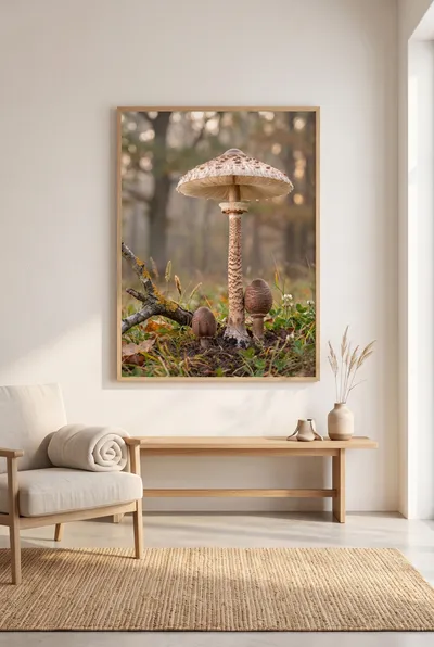 Interior view: Parasol mushrooms in the autumn forest
