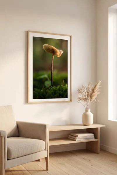 Interior view: Mushroom in moss: nature poetry