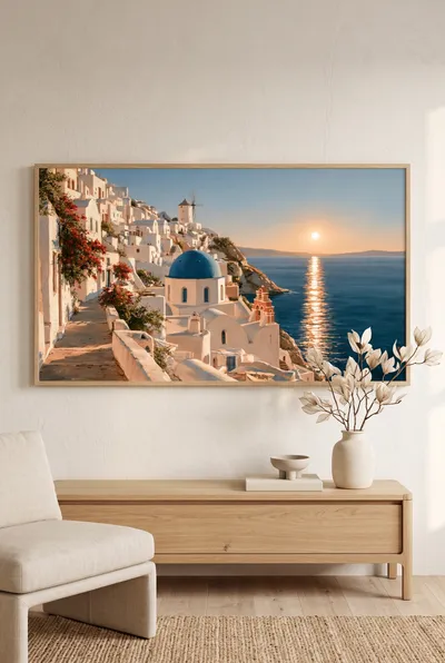 Interior view: Santorini: coastal village with a blue dome