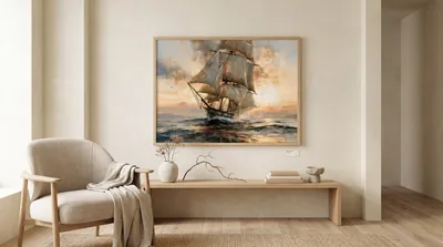 Interior view: Sailing ship on a restless sea at sunset