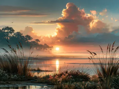 Wall art: Sunset on the mist-shrouded reed-lined shore